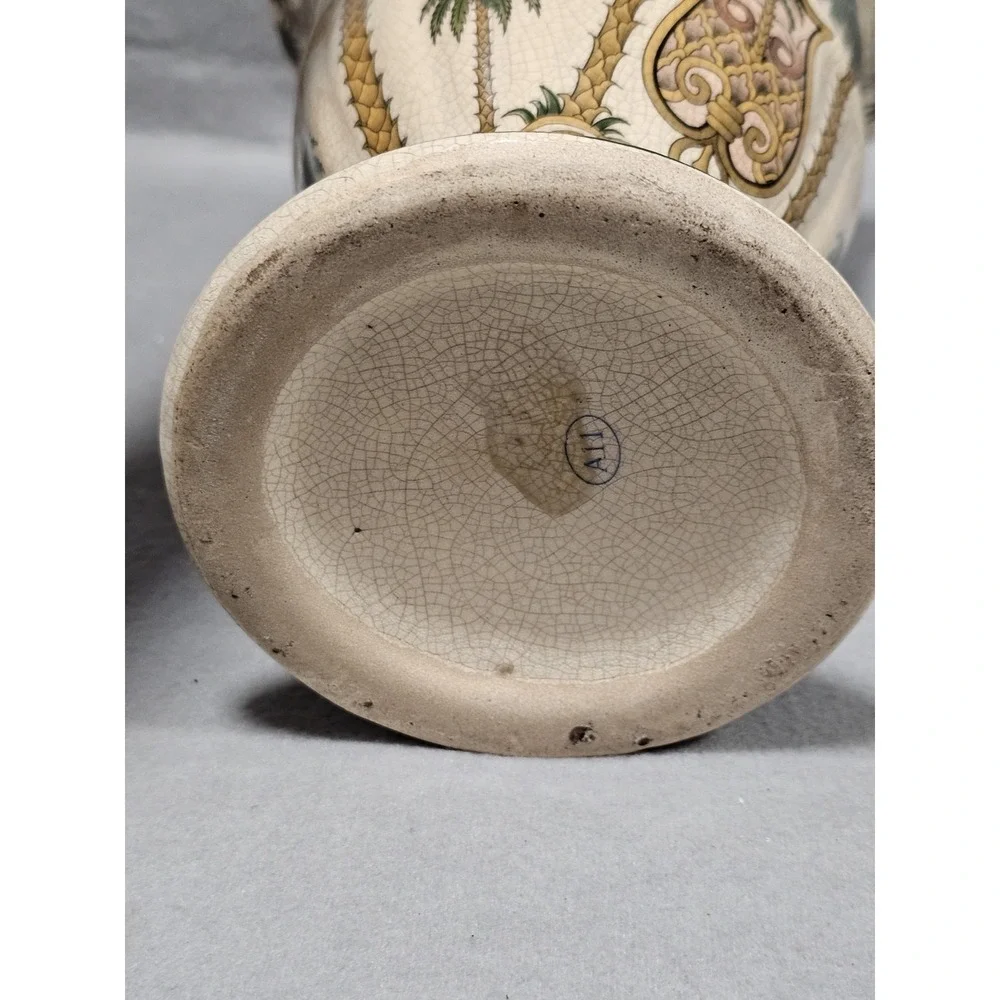 Vintage Tropical Palm Tree Ceramic Vase Crackle Glaze Urn Green Scrolled Handles